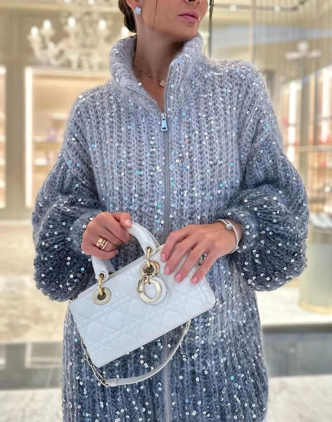 Women’s Oversized Sequin Zip-Neck Chunky Knit Cardigan 6