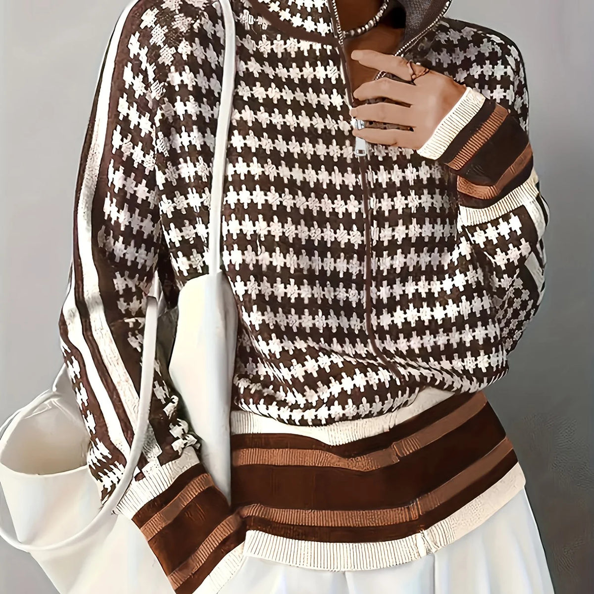 Women’s Patterned Cardigan with Zip-Front and Stand Collar 0