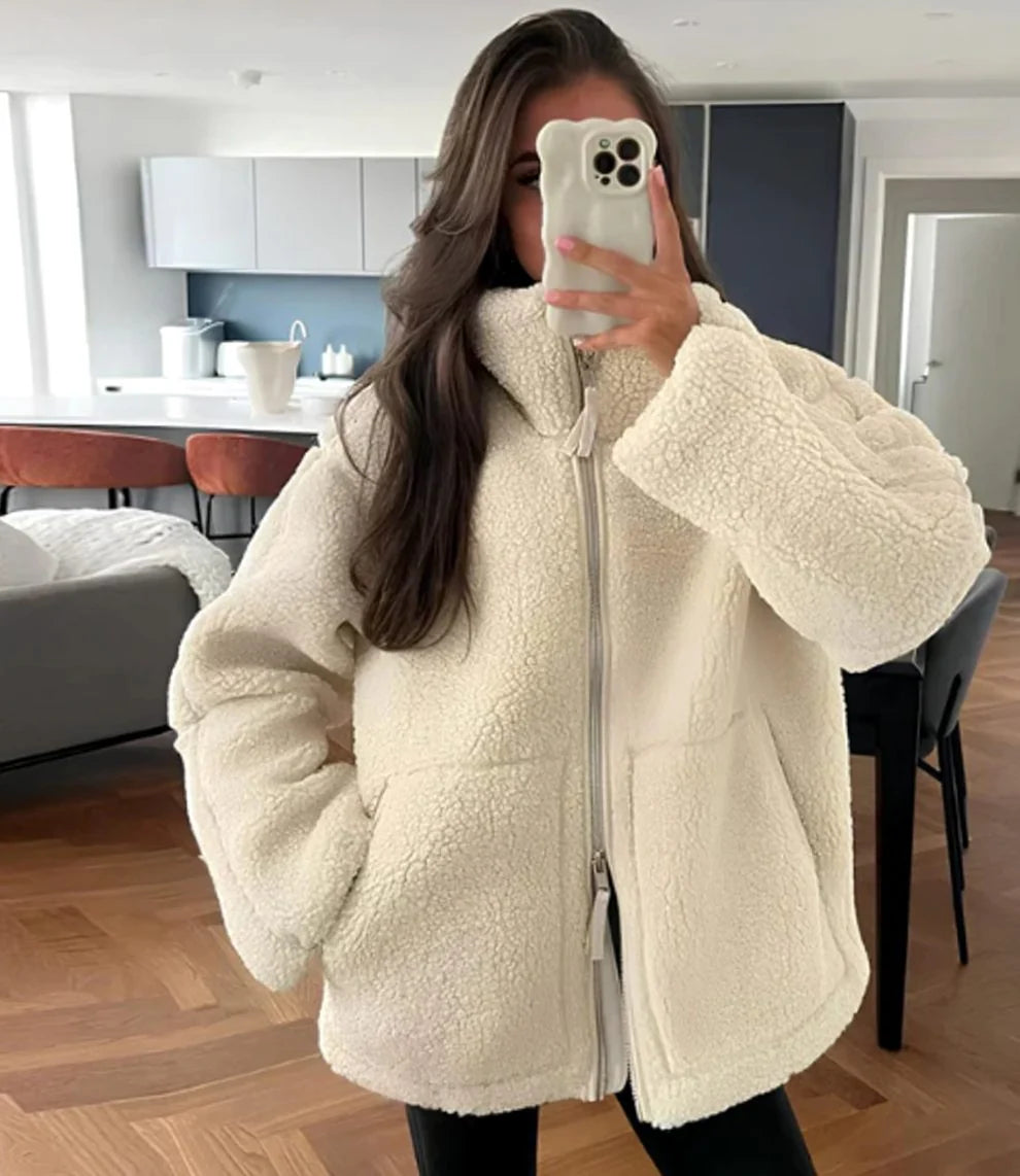 Women’s Relaxed-Fit Teddy Fleece Jacket High Neck Zip-Up Style 1