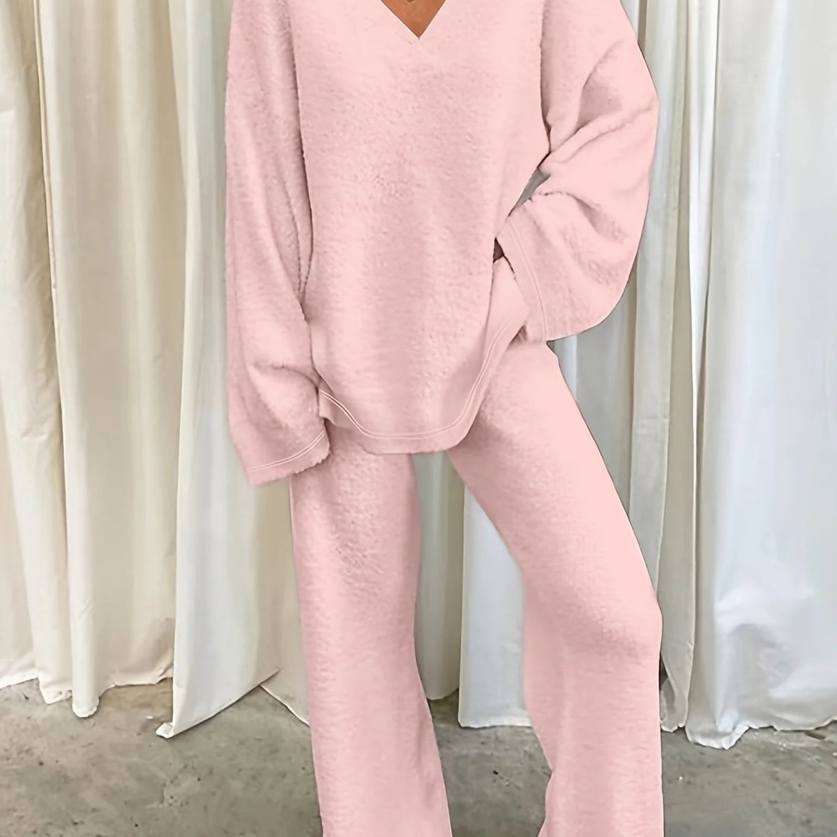 Women’s Relaxed Lounge Set Soft V-Neck Top and Wide-Leg Trousers 9