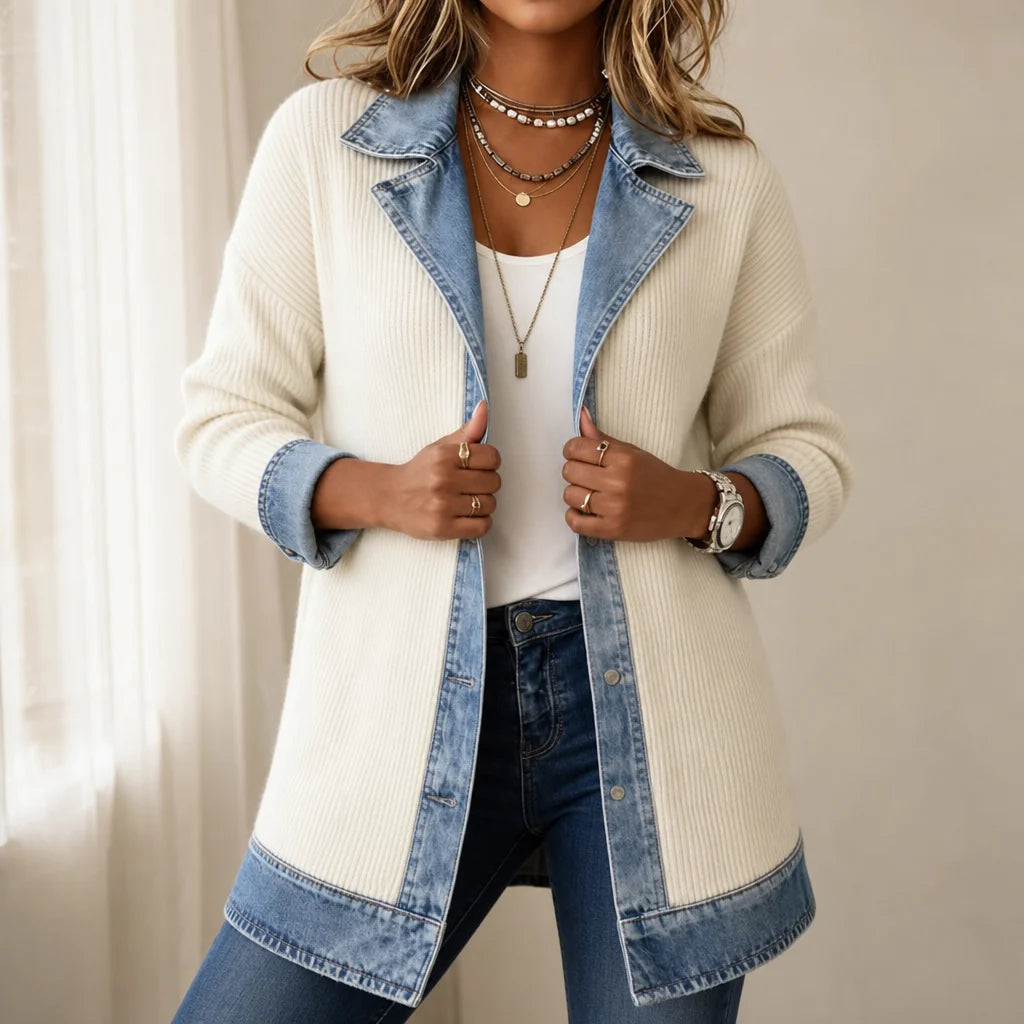 Women’s Ribbed Knit Coat with Denim Panel Detailing 1