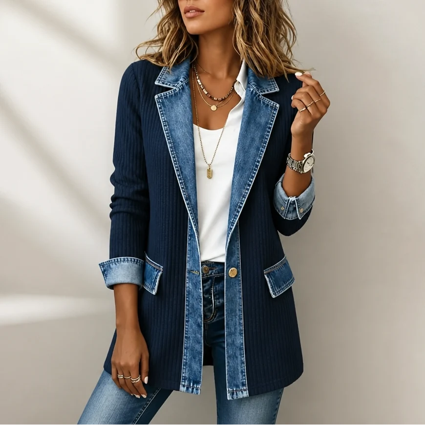 Women’s Ribbed Knit Coat with Denim Panel Detailing 10