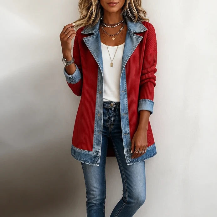 Women’s Ribbed Knit Coat with Denim Panel Detailing 14