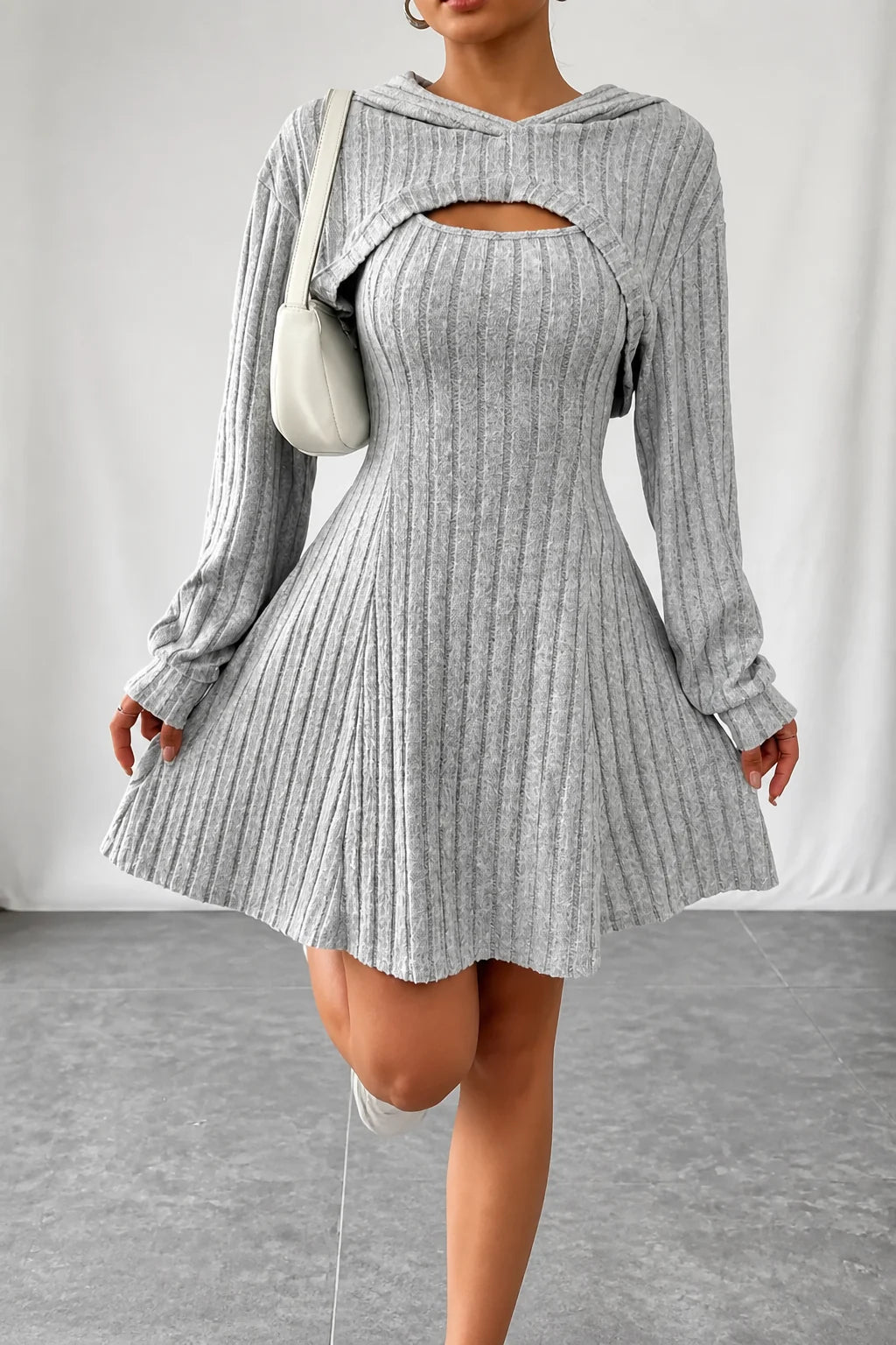 Women’s Ribbed Mini Dress Set with Hooded Bolero and Flared Sleeves 10