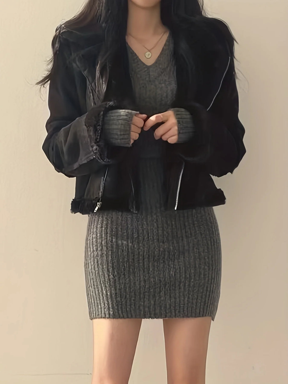Women’s Ribbed V-Neck Slim-Fit Dress Cozy Seasonal Style 4