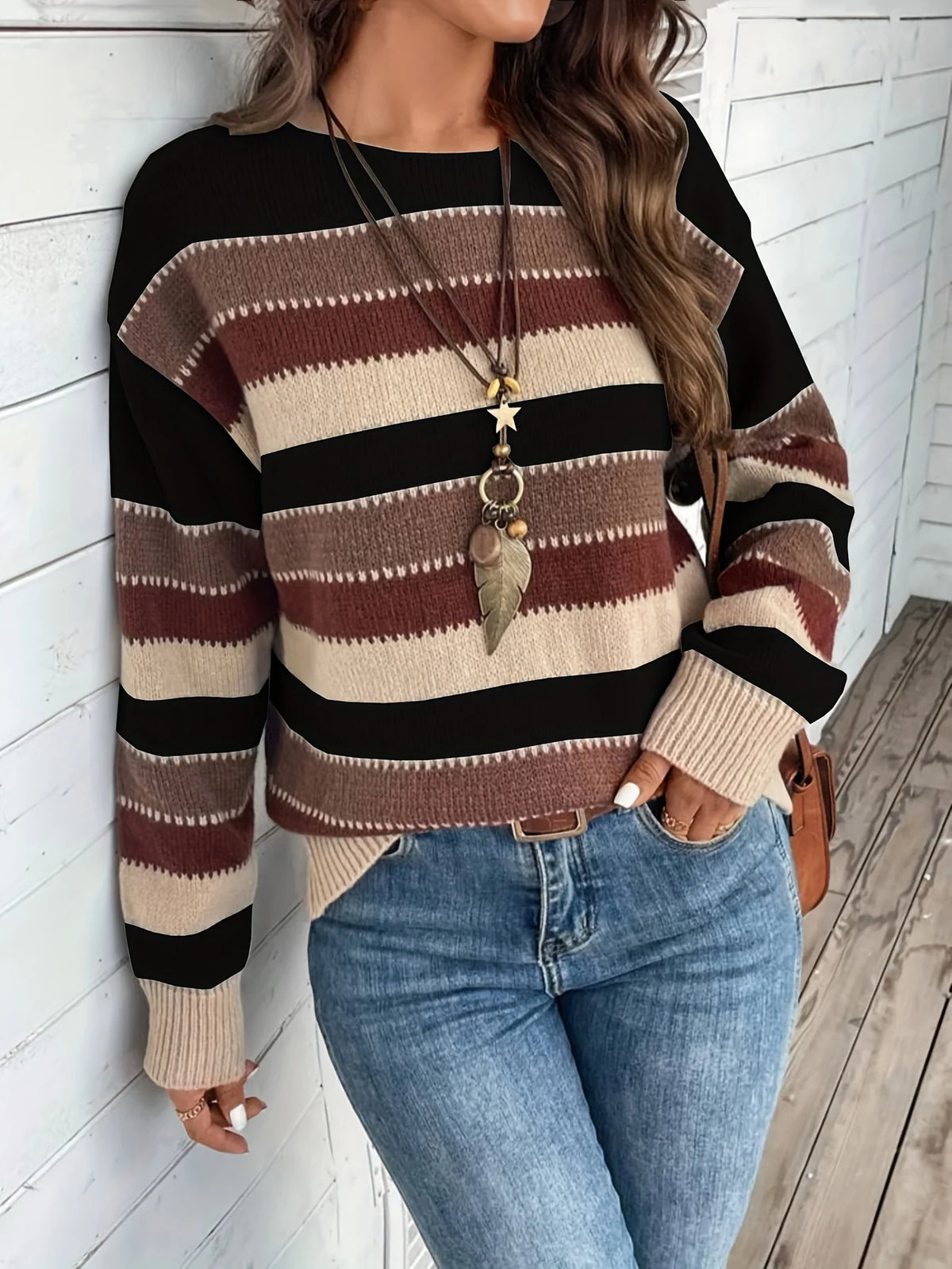 Women’s Striped Sweater Relaxed Fit Round-Neck Design 5