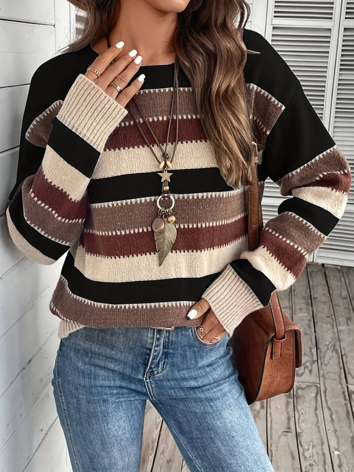 Women’s Striped Sweater Relaxed Fit Round-Neck Design 8