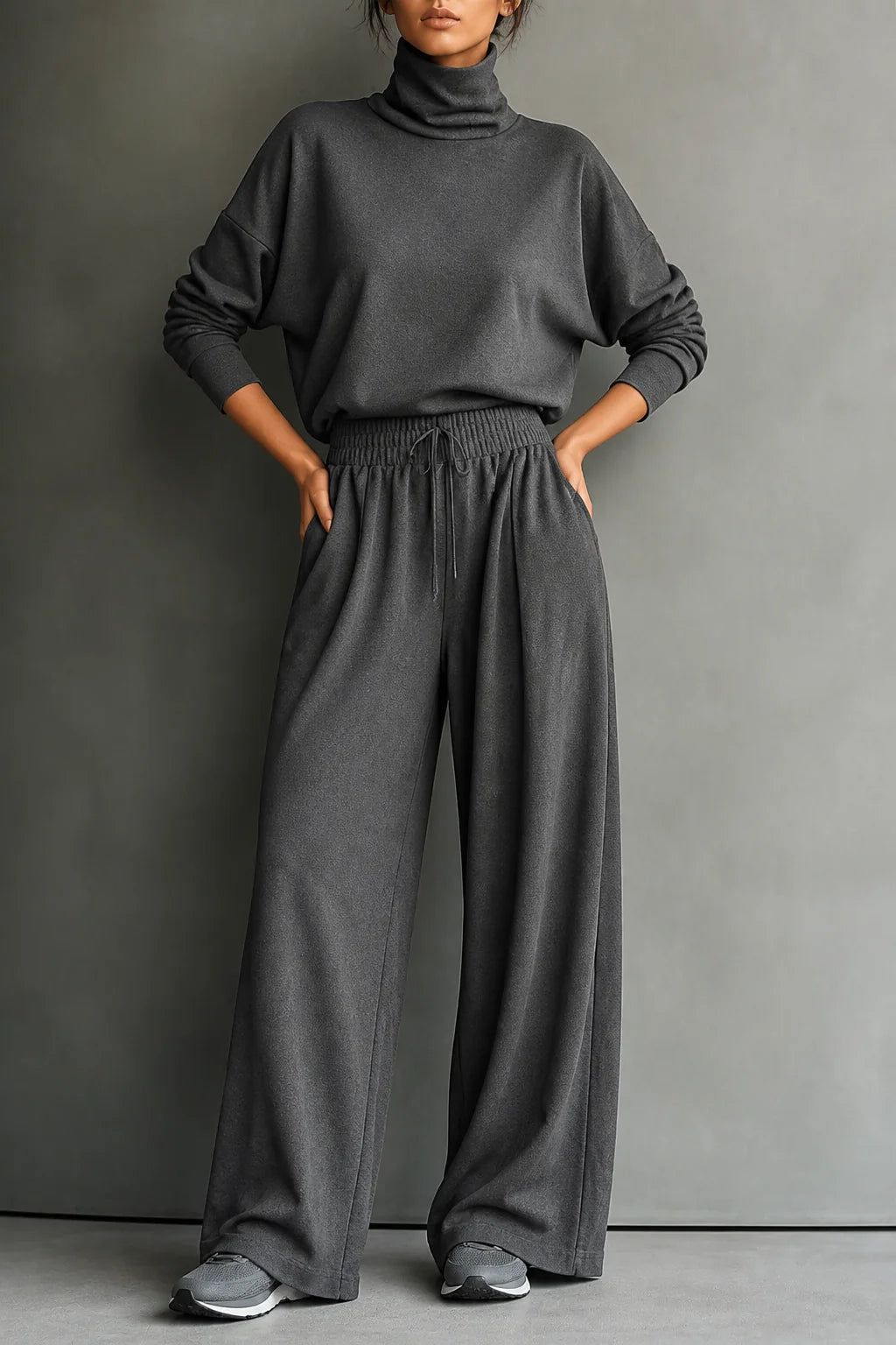Women’s Two-Piece Turtleneck Top and Wide-Leg Pants Set Comfortable Casual Outfit 0