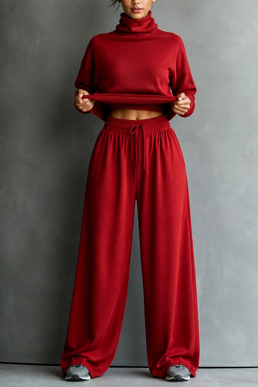 Women’s Two-Piece Turtleneck Top and Wide-Leg Pants Set Comfortable Casual Outfit 12