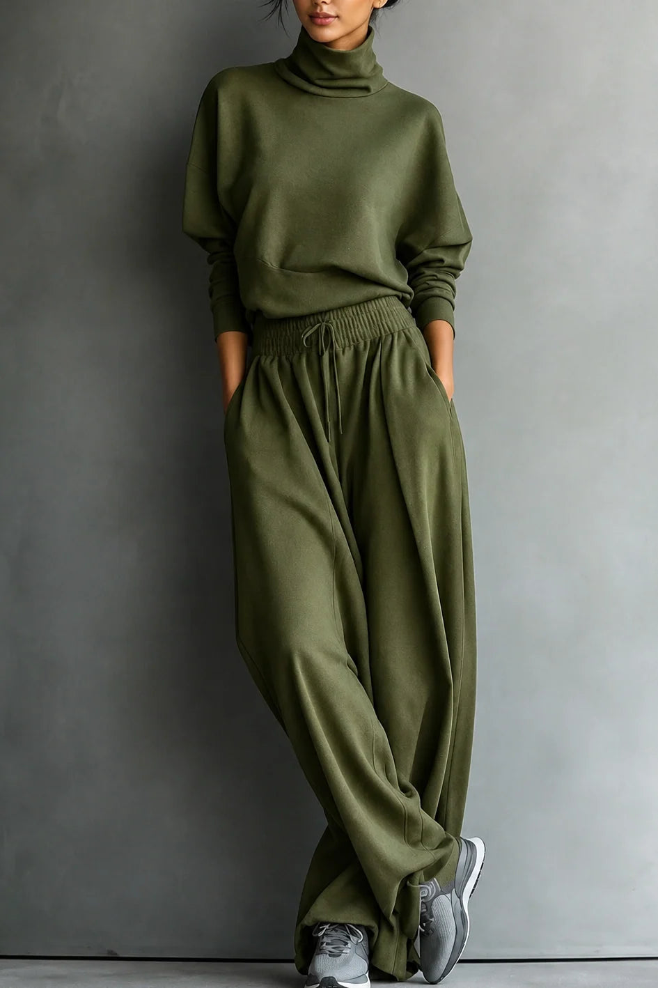 Women’s Two-Piece Turtleneck Top and Wide-Leg Pants Set Comfortable Casual Outfit 14
