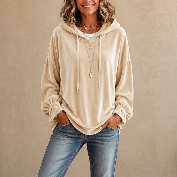 Women’s Velvet Hoodie Relaxed Fit with Ruffle Cuff and High-Low Hem 12