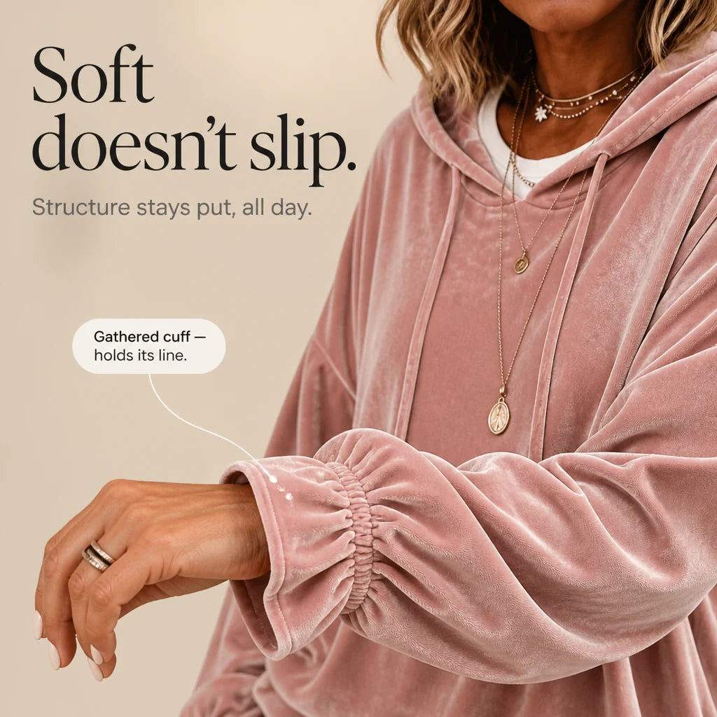 Women’s Velvet Hoodie Relaxed Fit with Ruffle Cuff and High-Low Hem 7