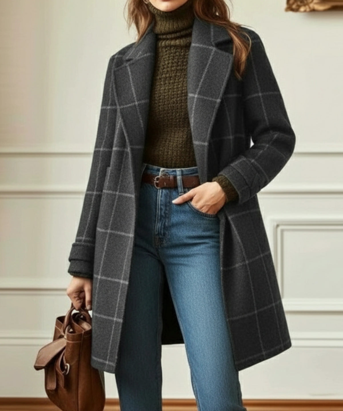 Women’s Wool Blend Check Coat with Lapel Collar Stylish Winter Outerwear 2