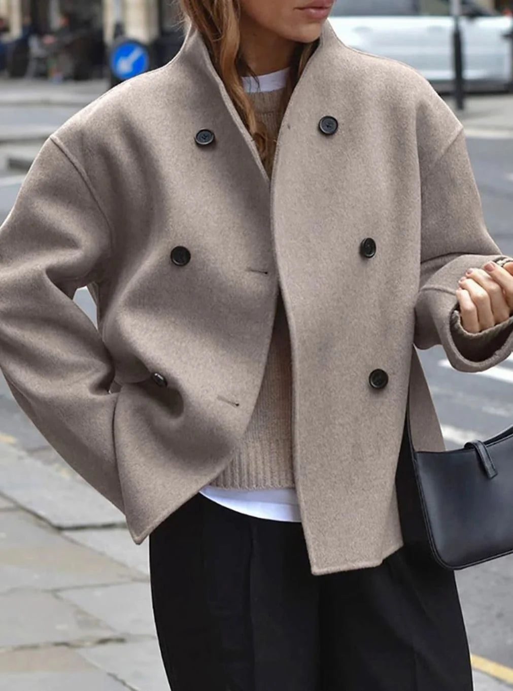 Women’s Wool Pea Coat Double-Breasted Stand Collar 0