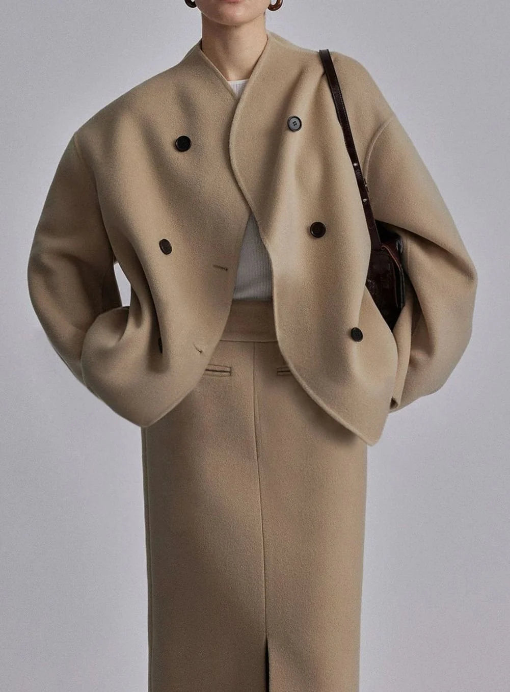 Women’s Wool Pea Coat Double-Breasted Stand Collar 9