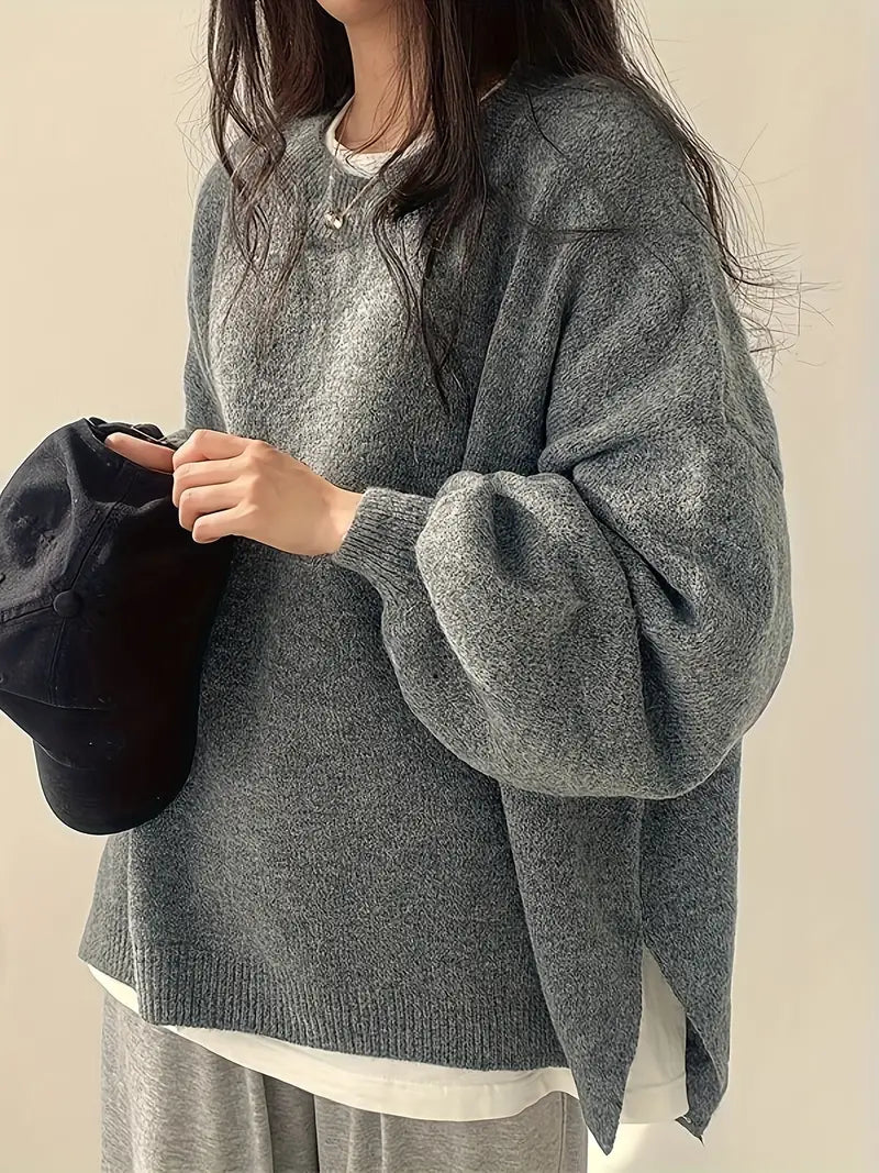 Women's Oversized Jumper with Round Neck and Melange Knit in Grey