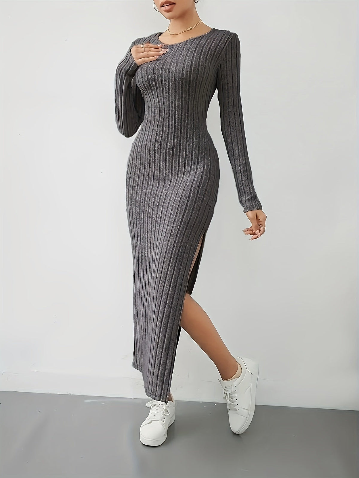 Women's Ribbed Knit Maxi Dress with Round Neck and Side Slit in Light Grey