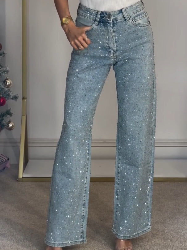 Women's Blue Wide-Leg Jeans with Sparkling Rhinestones in Blue