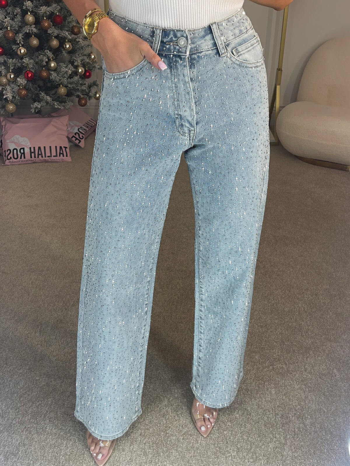 Women's Blue Wide-Leg Jeans with Sparkling Rhinestones in Blue
