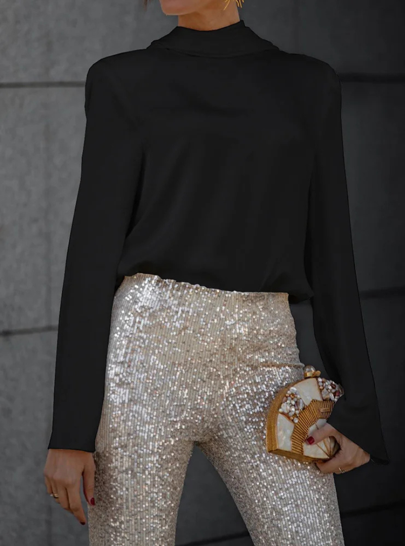 Women's Open-Back Blouse with Draped Detail, Long Sleeves in Black