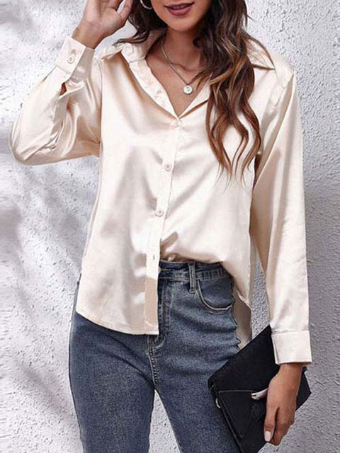 Women's Button-Up Shirt with Collar and Sheen Finish in Dark Khaki