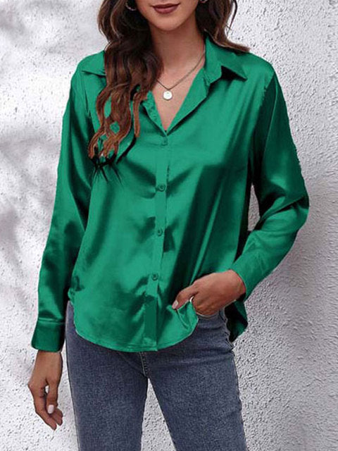 Women's Button-Up Shirt with Collar and Sheen Finish in Green