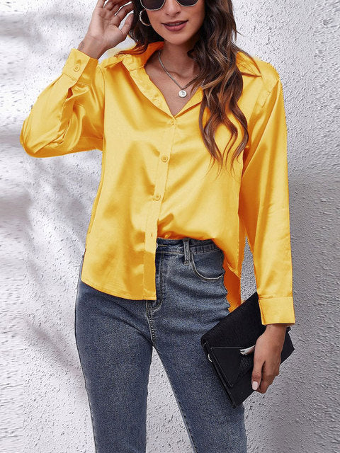 Women's Button-Up Shirt with Collar and Sheen Finish in Yellow