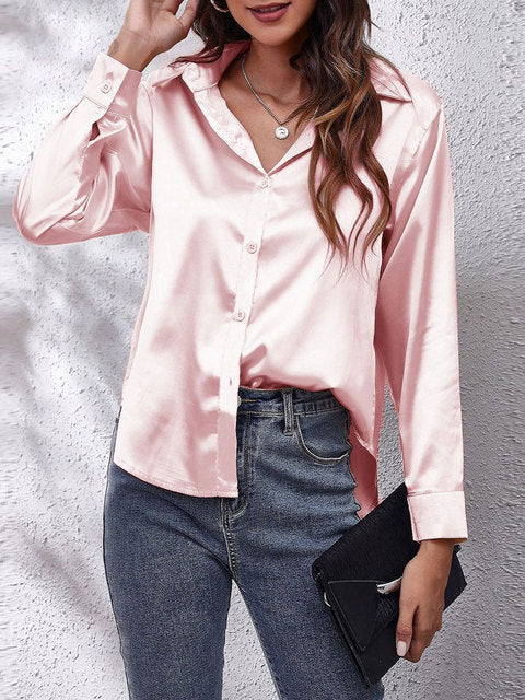 Women's Button-Up Shirt with Collar and Sheen Finish in Champagne