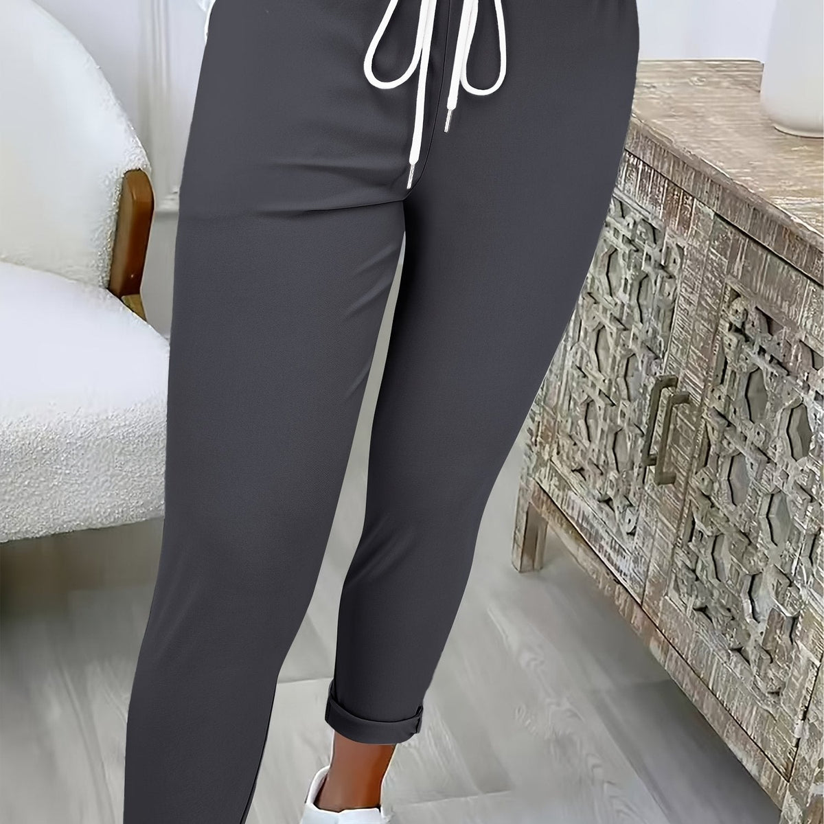 Women's Joggers with Tie Waist and Turn-Up Cuffs in Dark Grey
