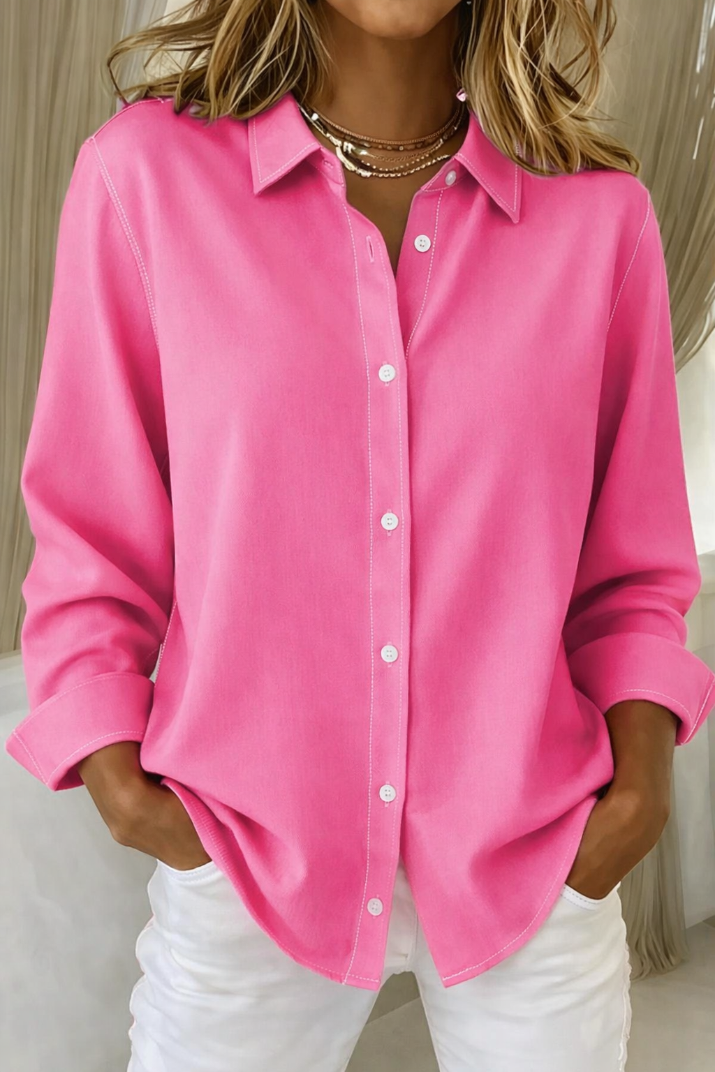 Women's Classic Collared Shirt with Full-Length Button Front in Fuchsia