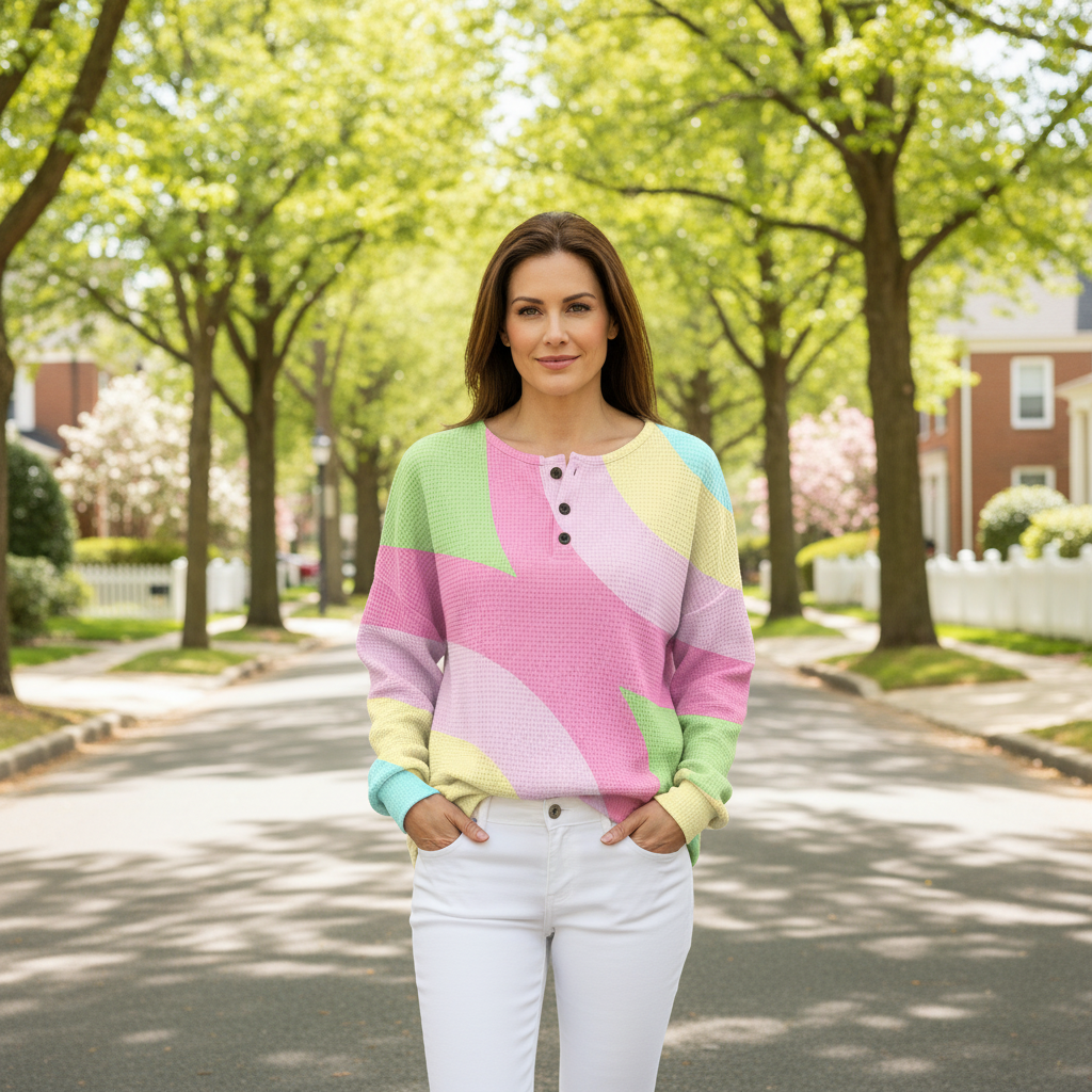 Women's Colour Block Blouse with Button Placket, Long Sleeves in Pink
