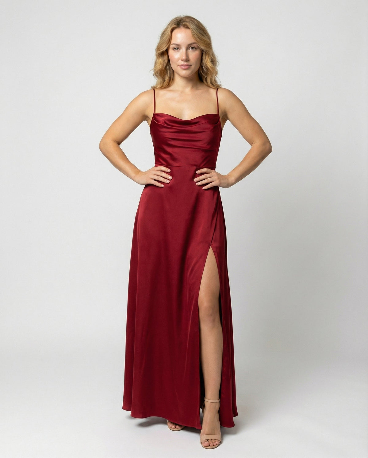 Women's Cowl Neck Maxi Dress with Thin Straps and Side Slit in Red