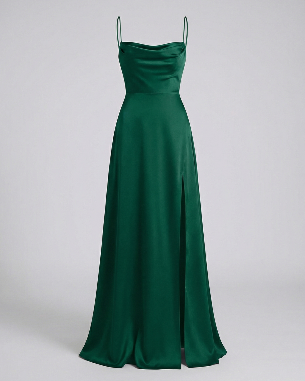 Women's Cowl Neck Maxi Dress with Thin Straps and Side Slit in Green