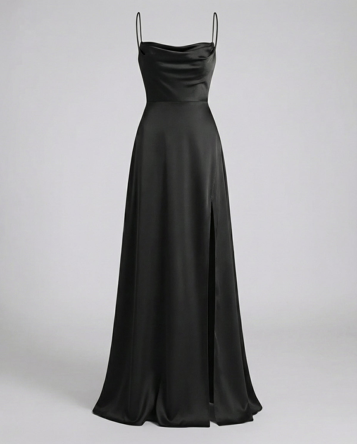 Women's Cowl Neck Maxi Dress with Thin Straps and Side Slit in Black