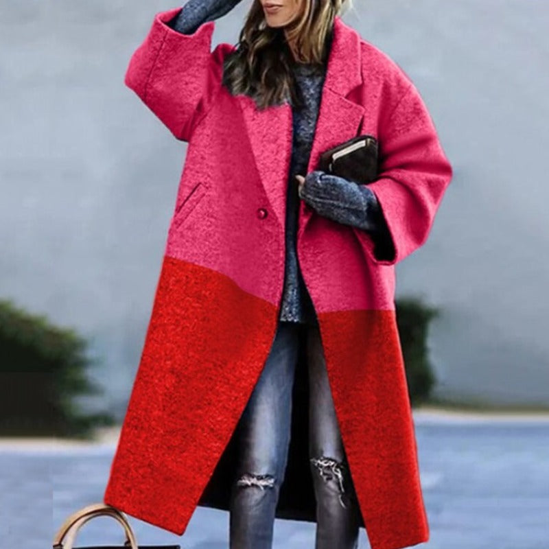 Women's Oversized Coat with Lapels and Button Fastening in Red