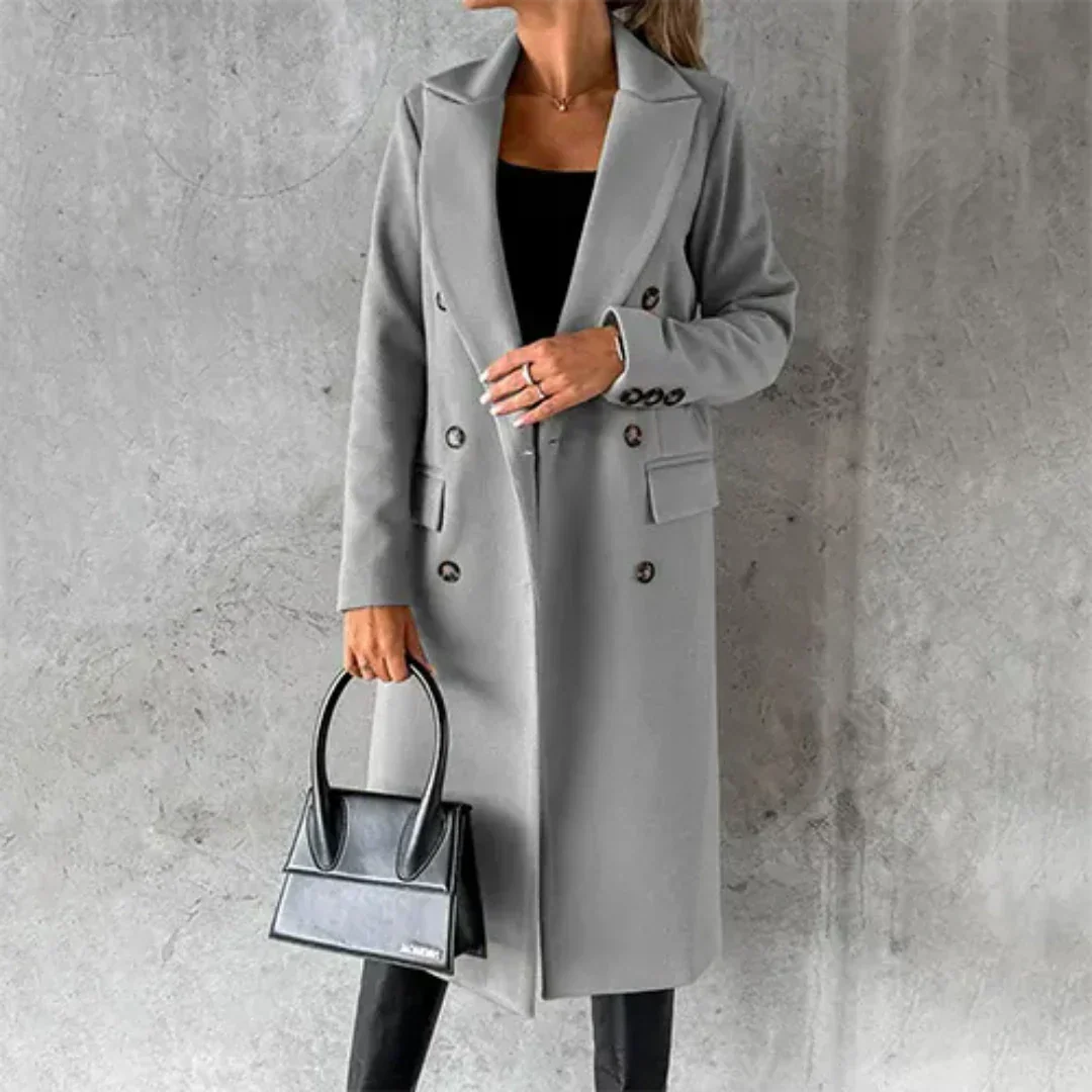 Women's Double-Breasted Midi Coat with Lapels and Flap Pockets in Grey
