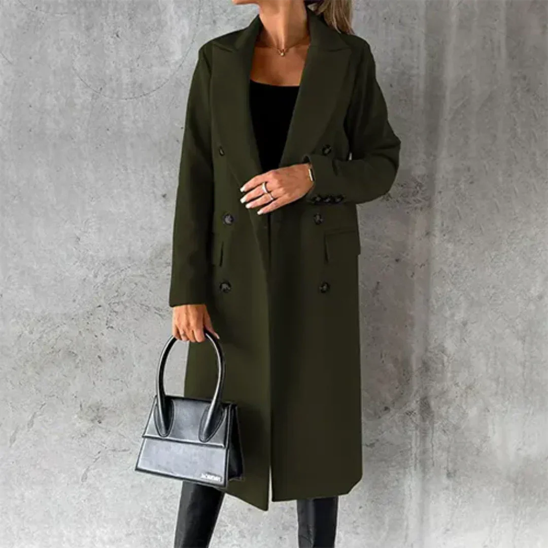 Women's Double-Breasted Midi Coat with Lapels and Flap Pockets in Olive