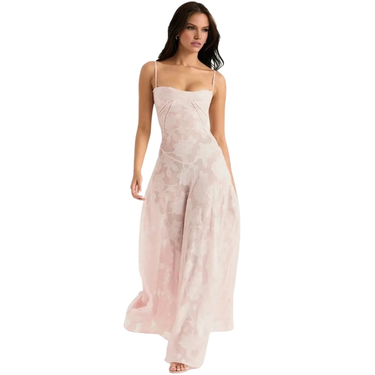 Women's Floral Maxi Dress with Thin Straps and Deep Neckline in Pink