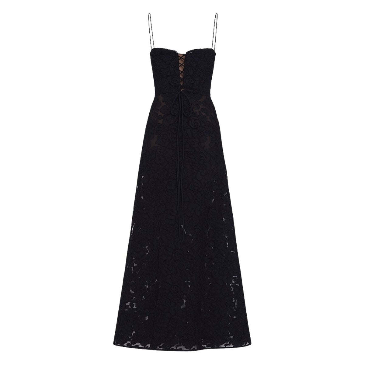 Women's Floral Maxi Dress with Thin Straps and Deep Neckline in Black