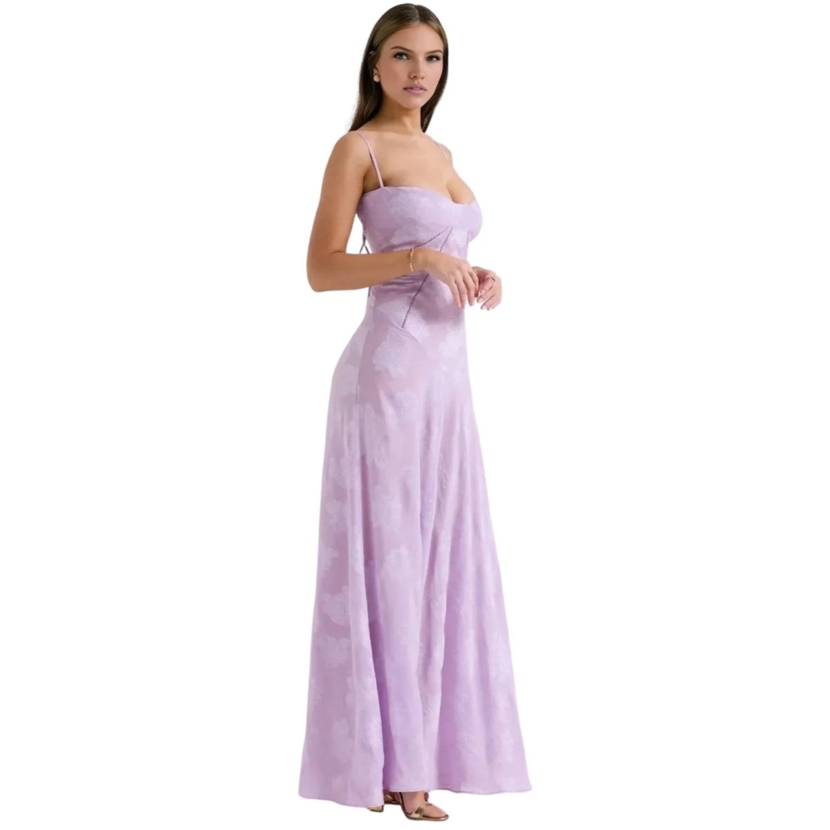 Women's Floral Maxi Dress with Thin Straps and Deep Neckline in Purple