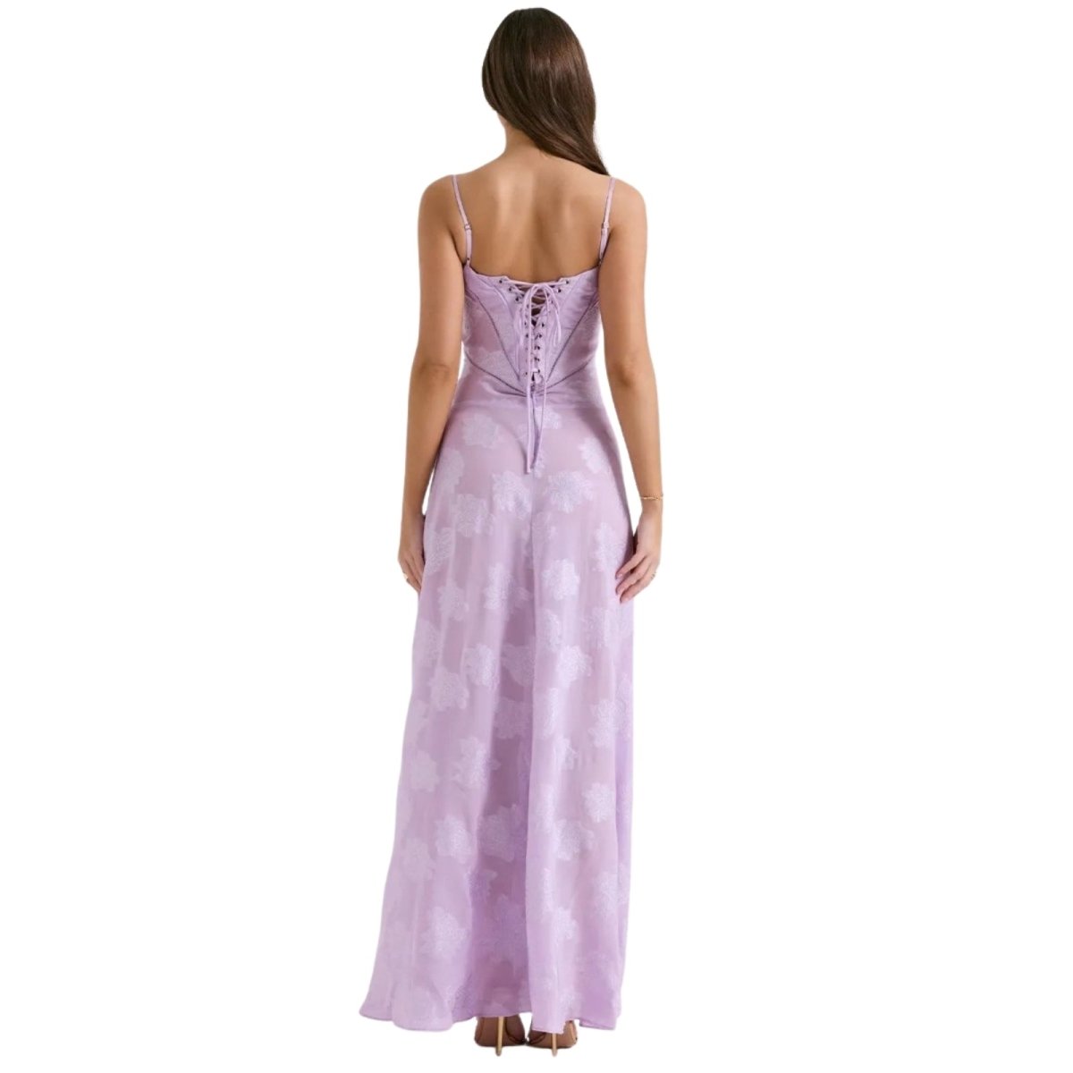 Women's Floral Maxi Dress with Thin Straps and Deep Neckline in Purple