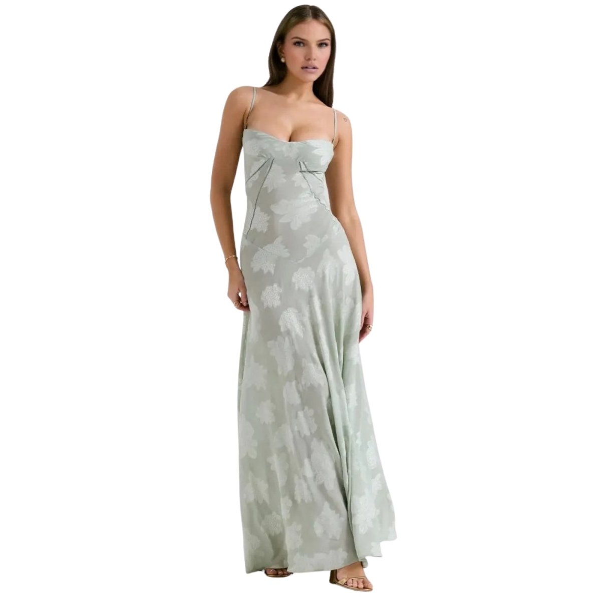 Women's Floral Maxi Dress with Thin Straps and Deep Neckline in Green