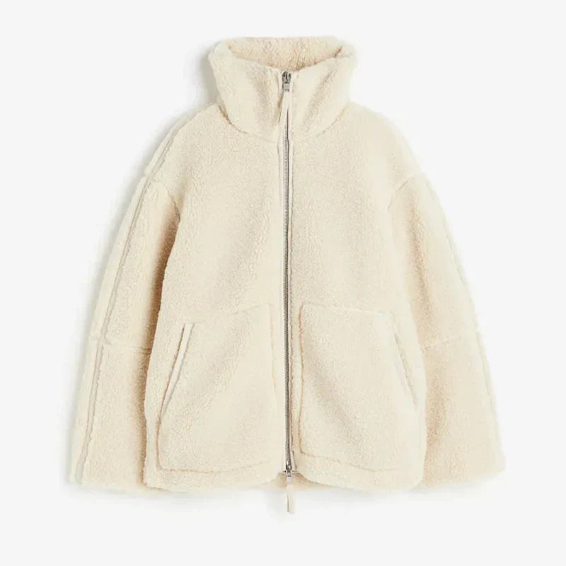 Women's Fluffy Zip-Up Jacket with Stand Collar in Beige