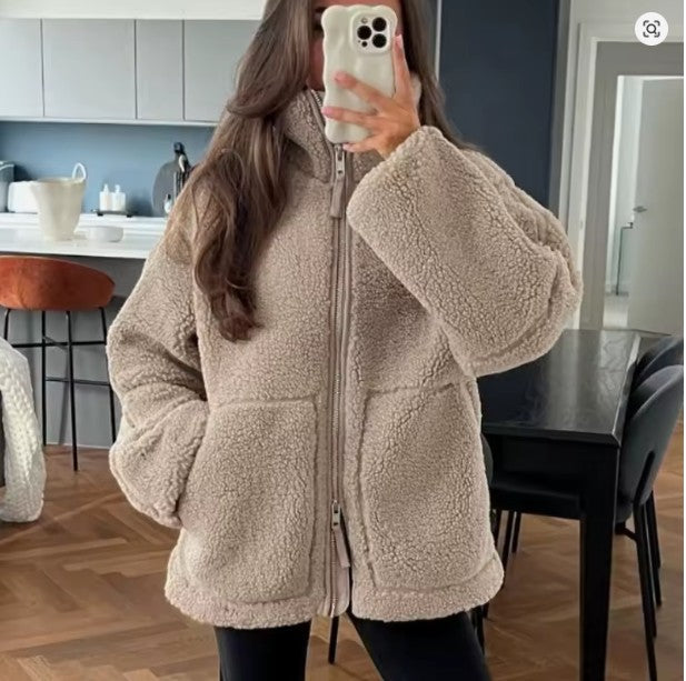 Women's Fluffy Zip-Up Jacket with Stand Collar in Coffee