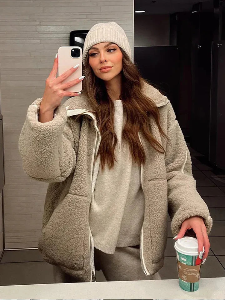 Women's Fluffy Zip-Up Jacket with Stand Collar in Beige