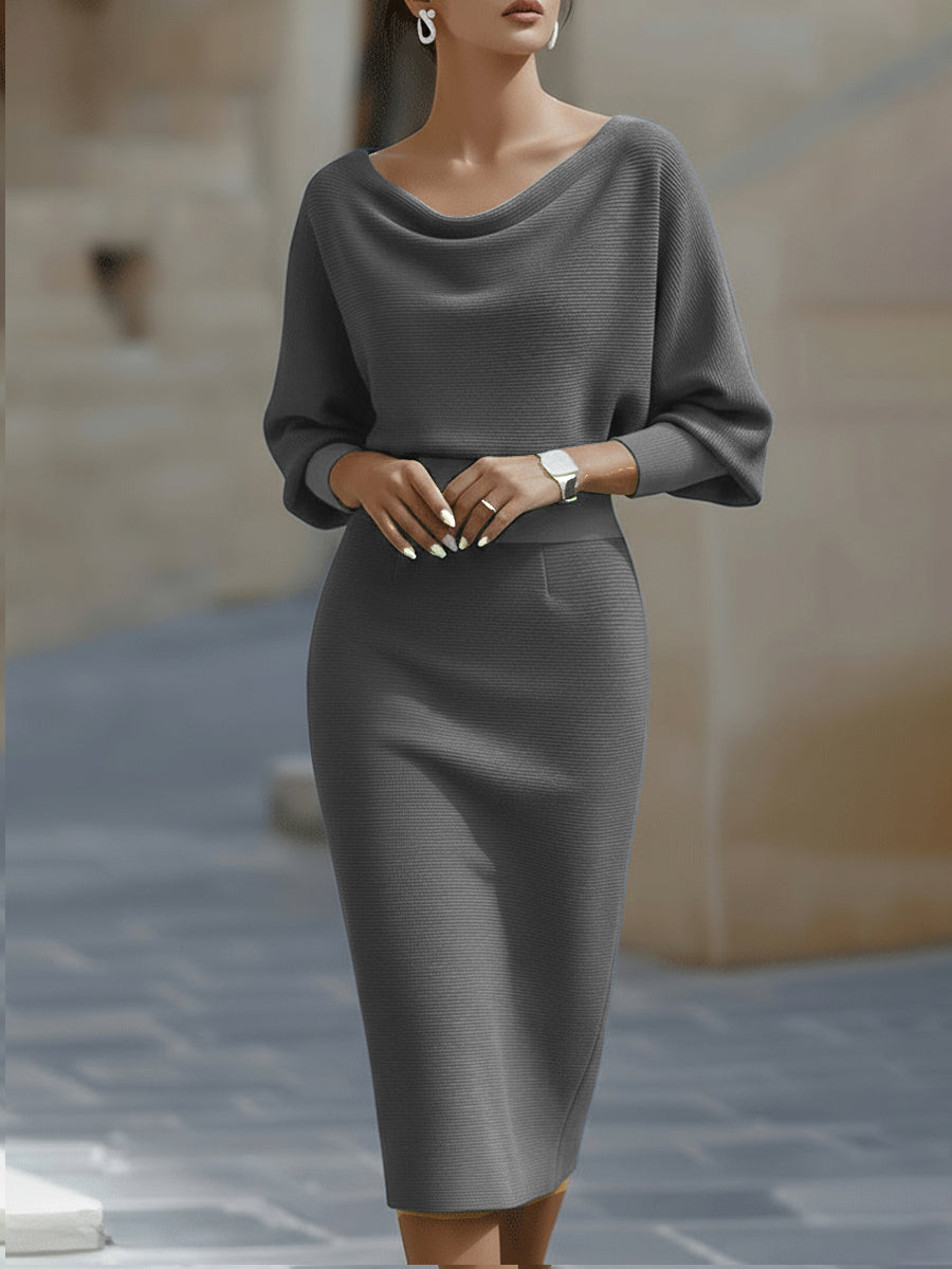 Women's Ribbed Knit Midi Dress with Cowl Neck and Batwing Sleeves in Grey