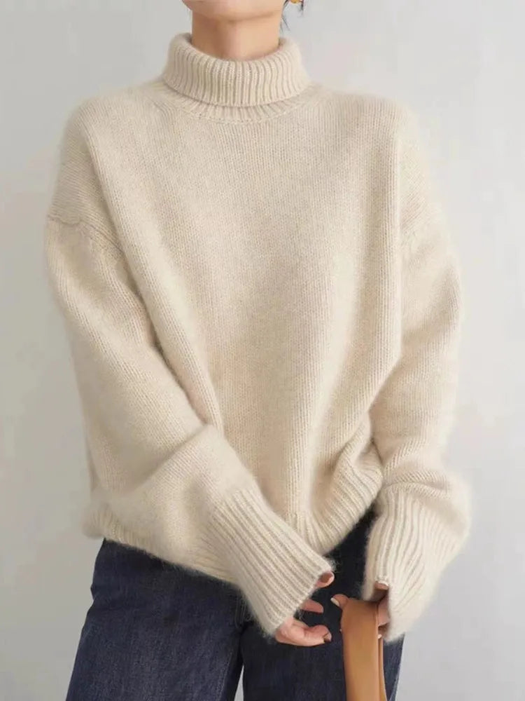 Women's High Roll-Neck Jumper with Ribbed Trims in Beige