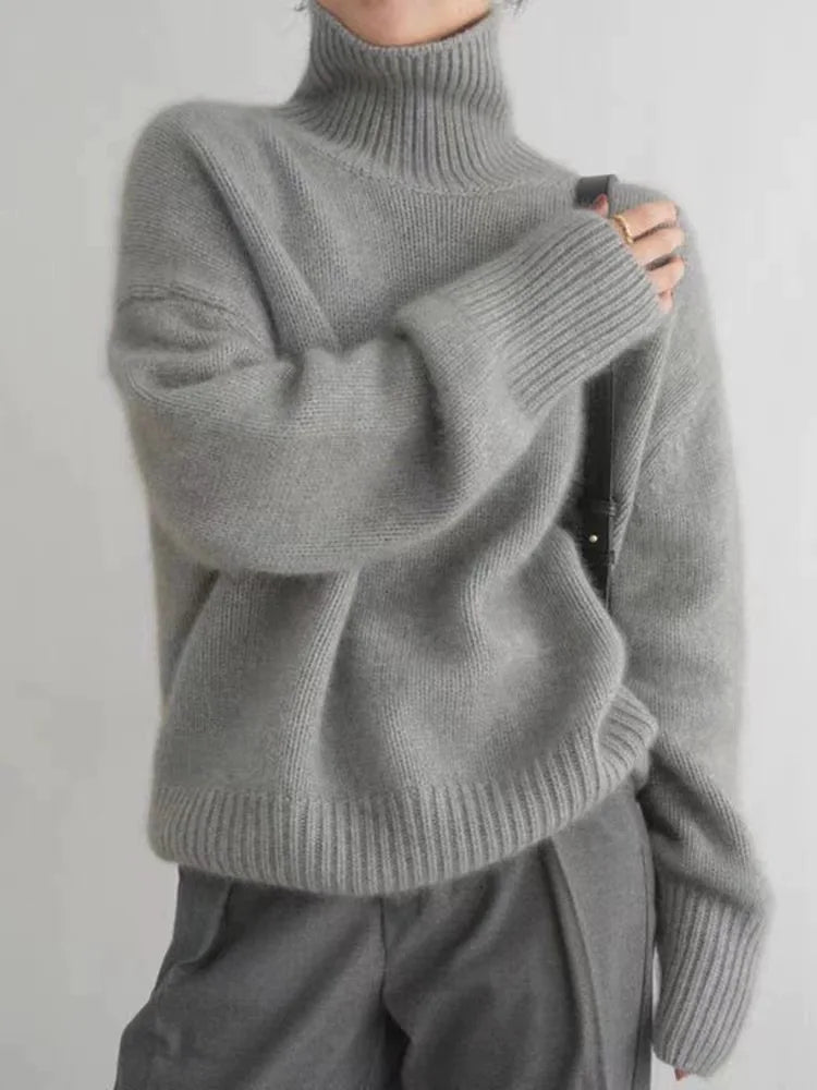 Women's High Roll-Neck Jumper with Ribbed Trims in Grey