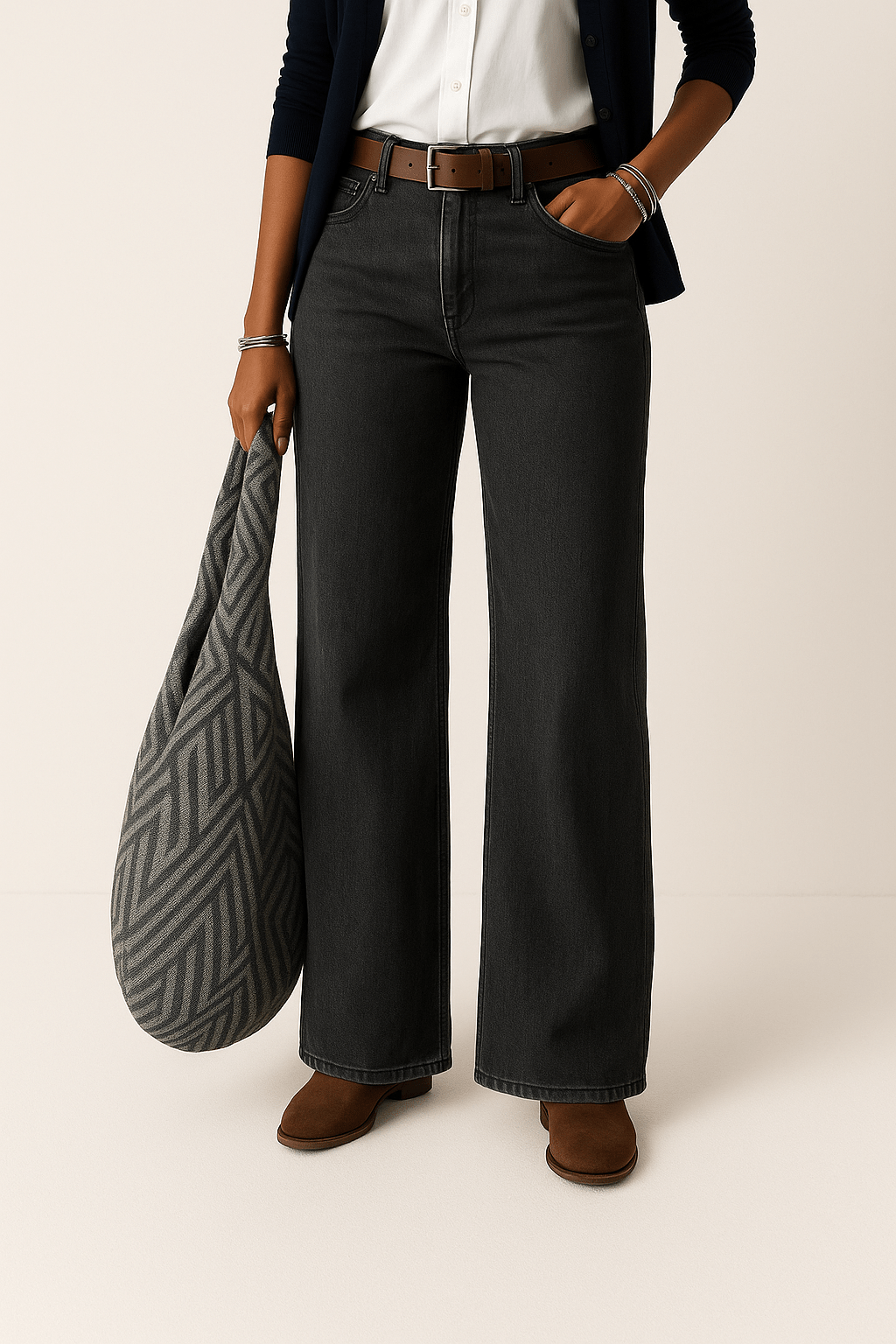 Women's High-Waisted Wide-Leg Jeans with Belt Loops in Dark Grey