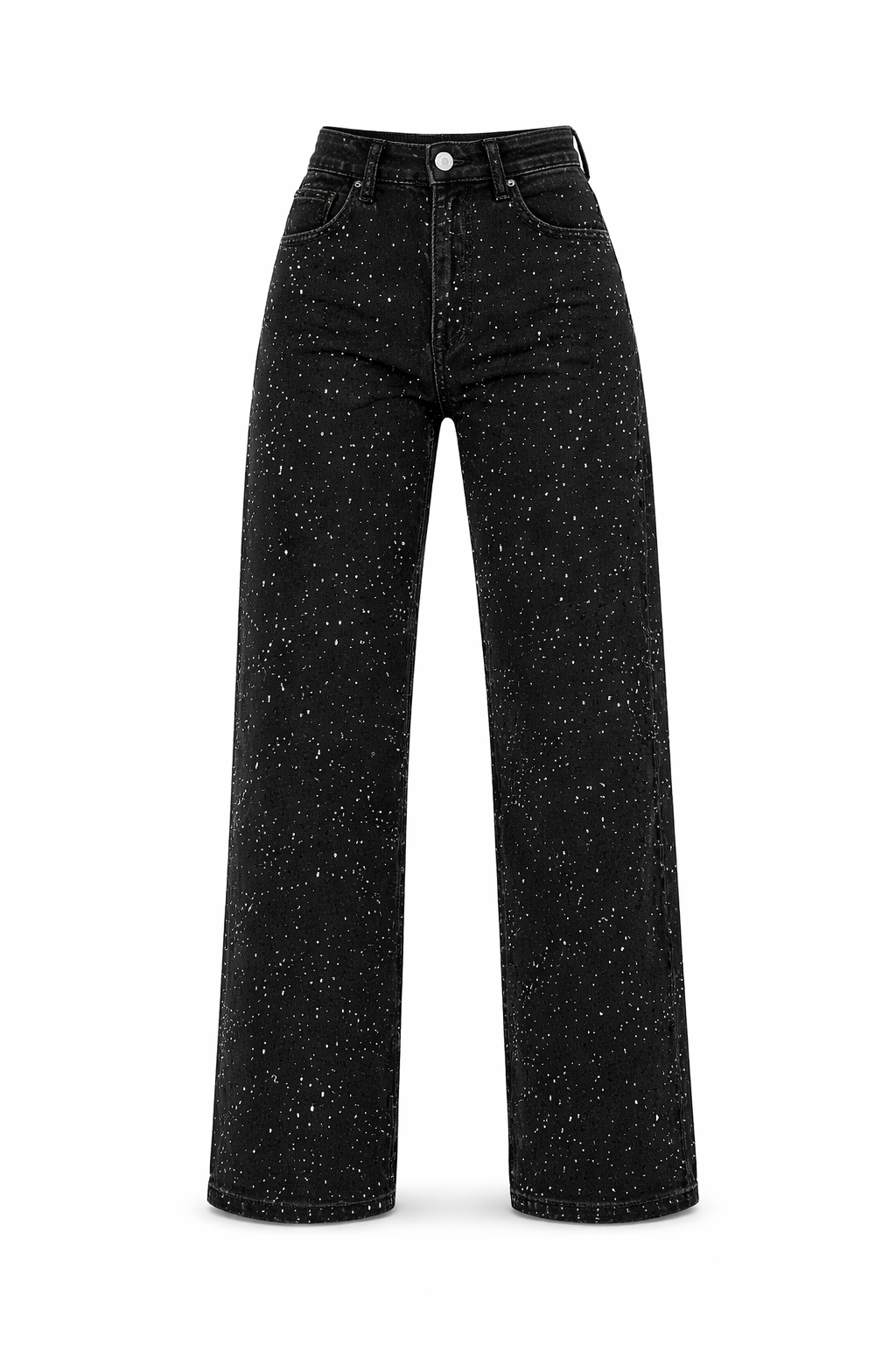 Women's High-Waisted Wide-Leg Jeans with Sparkling Embellishments in Black